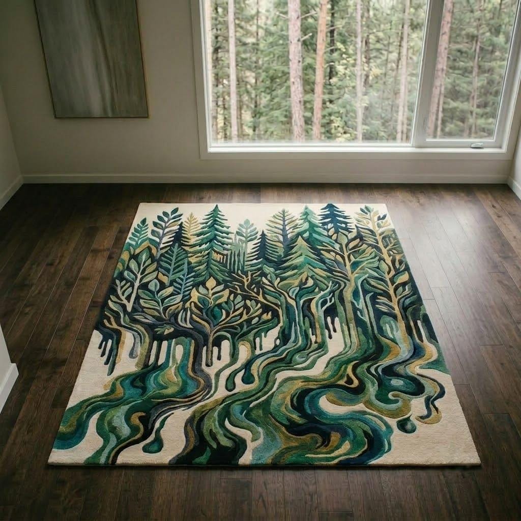 Woodland Stream Hand Tufted Wool Area Rug, Evergreen Forest Nature Carpet – view 9