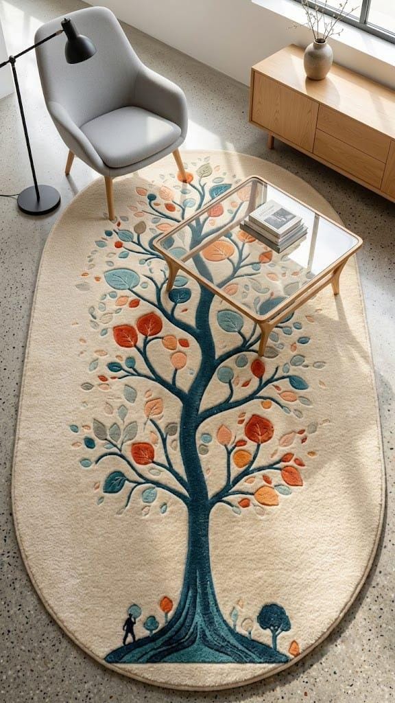 Hand Tufted Wool Area Rug, Tree of Life Botanical Design, Oval Shape Carpet – main view