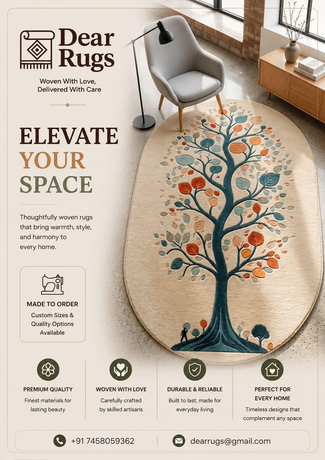 Hand Tufted Wool Area Rug, Tree of Life Botanical Design, Oval Shape Carpet – view 2