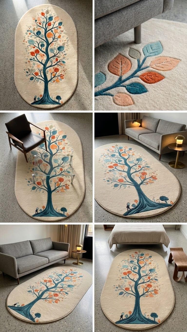 Hand Tufted Wool Area Rug, Tree of Life Botanical Design, Oval Shape Carpet – view 3