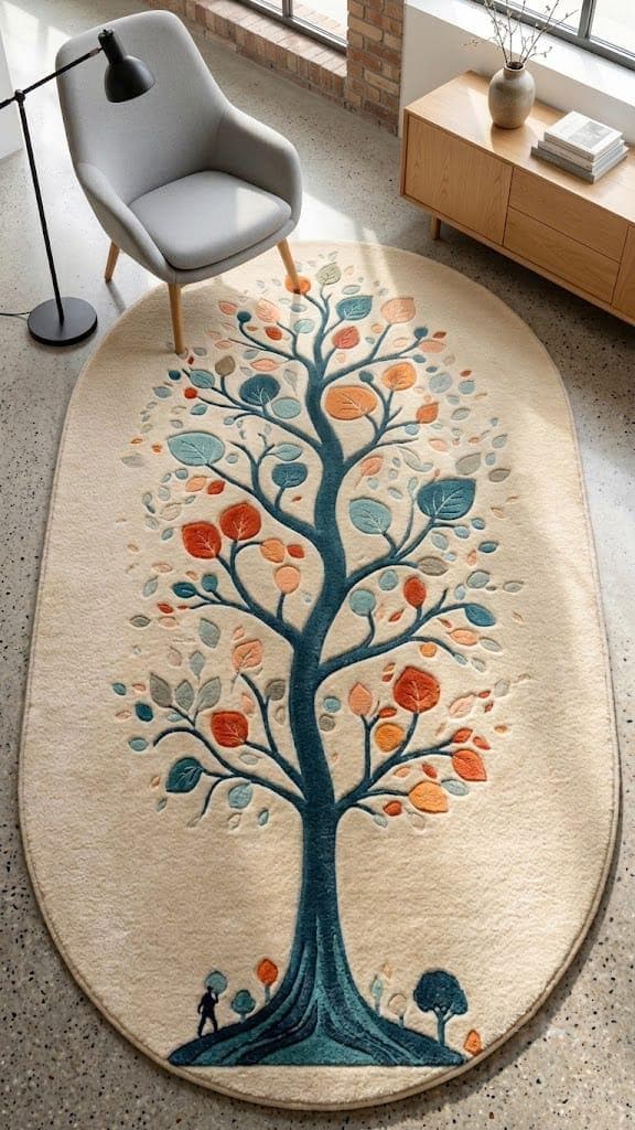 Hand Tufted Wool Area Rug, Tree of Life Botanical Design, Oval Shape Carpet – view 4