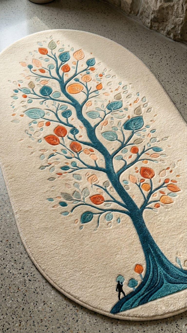 Hand Tufted Wool Area Rug, Tree of Life Botanical Design, Oval Shape Carpet – view 7