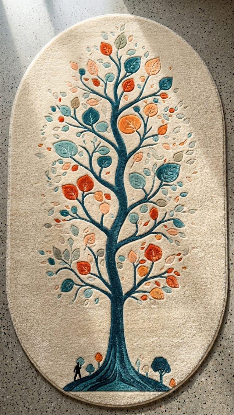 Hand Tufted Wool Area Rug, Tree of Life Botanical Design, Oval Shape Carpet – view 8