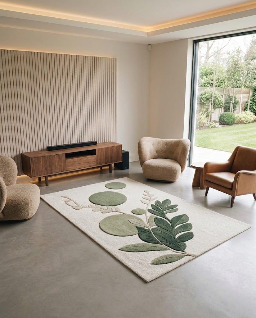Hand Tufted Wool Botanical Area Rug – Sage Green Leaf Nature Carpet – main view