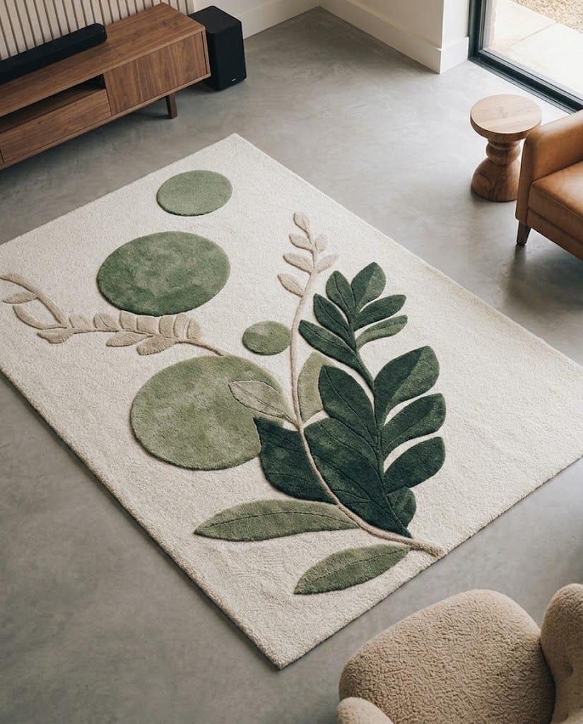 Hand Tufted Wool Botanical Area Rug – Sage Green Leaf Nature Carpet – view 3