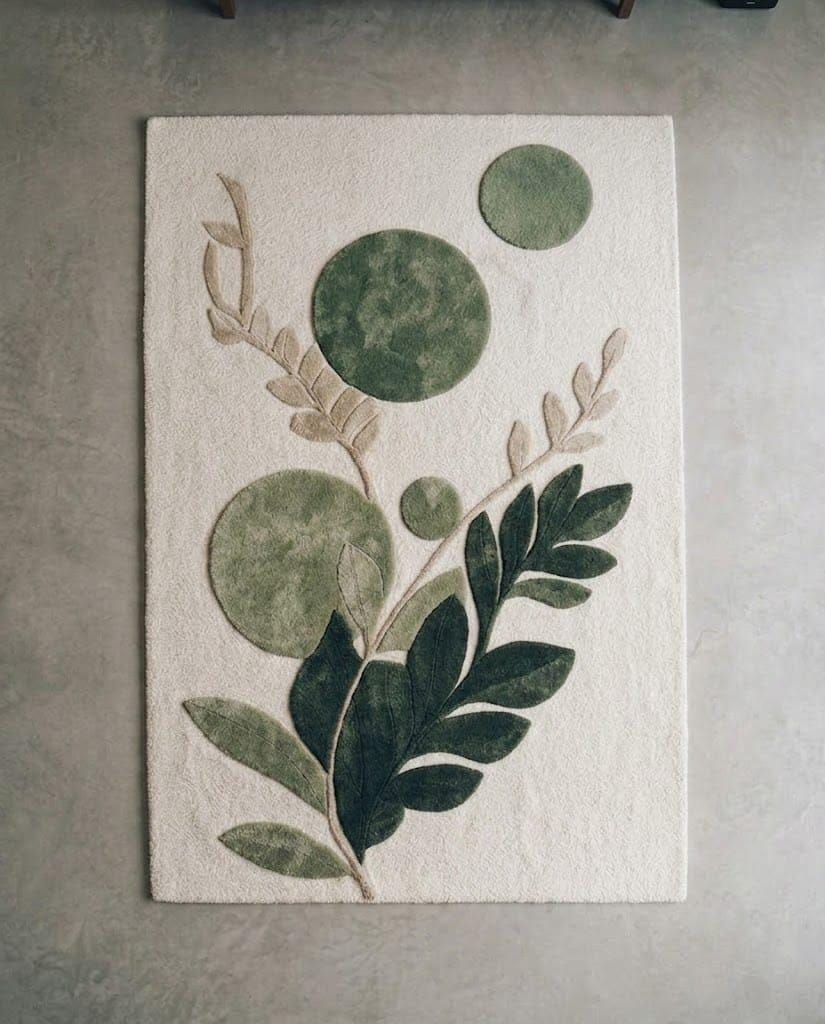 Hand Tufted Wool Botanical Area Rug – Sage Green Leaf Nature Carpet – view 5