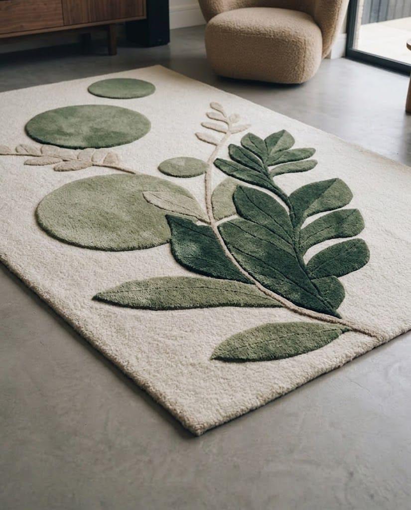 Hand Tufted Wool Botanical Area Rug – Sage Green Leaf Nature Carpet – view 7