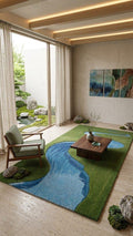 Hand Tufted Wool River Area Rug, Nature Landscape Carpet, Green Blue Living Room Decor – main view