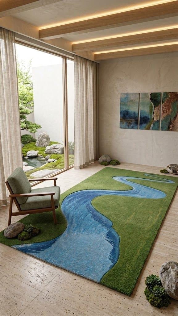 Hand Tufted Wool River Area Rug, Nature Landscape Carpet, Green Blue Living Room Decor – view 2