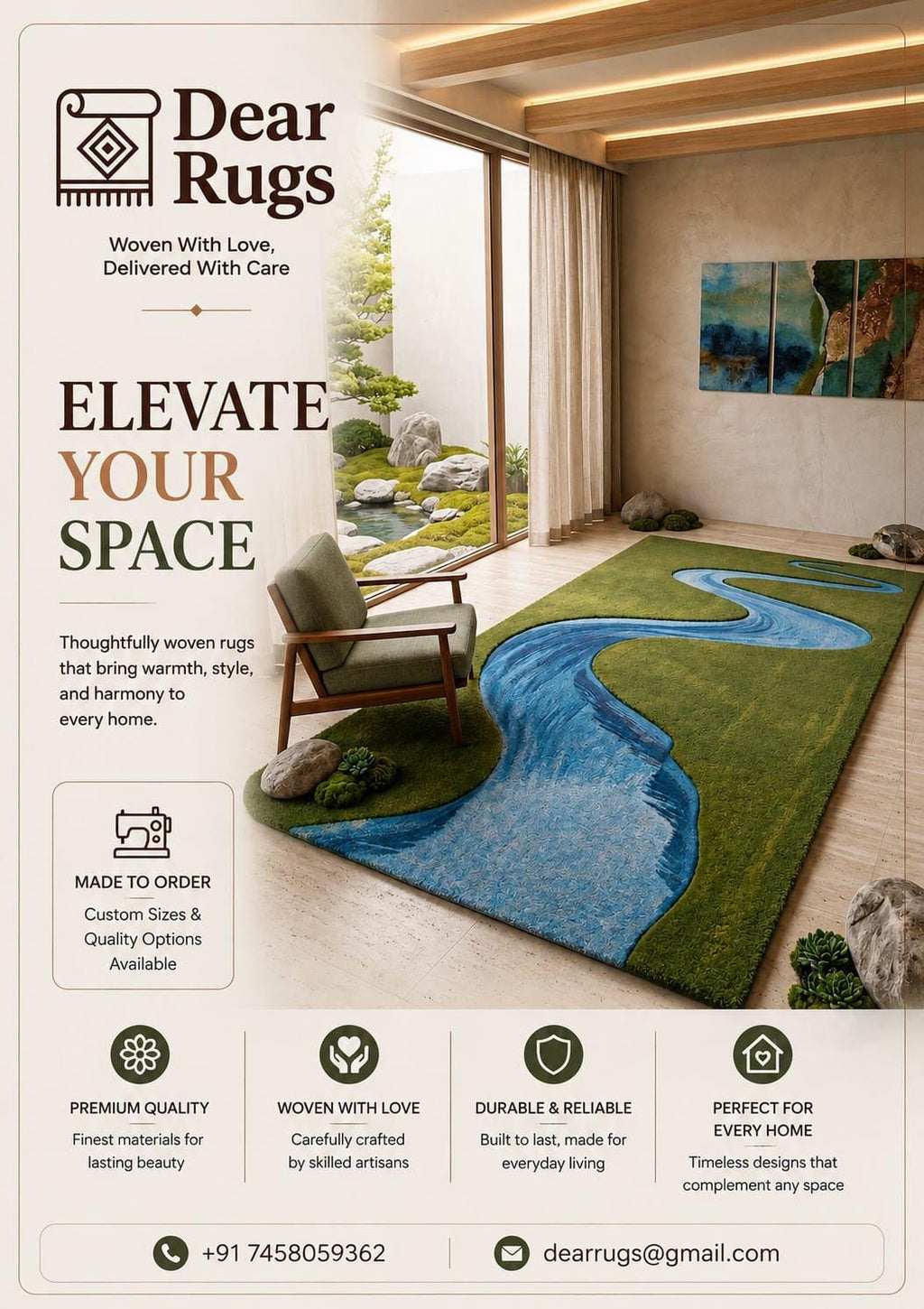 Hand Tufted Wool River Area Rug, Nature Landscape Carpet, Green Blue Living Room Decor – view 3