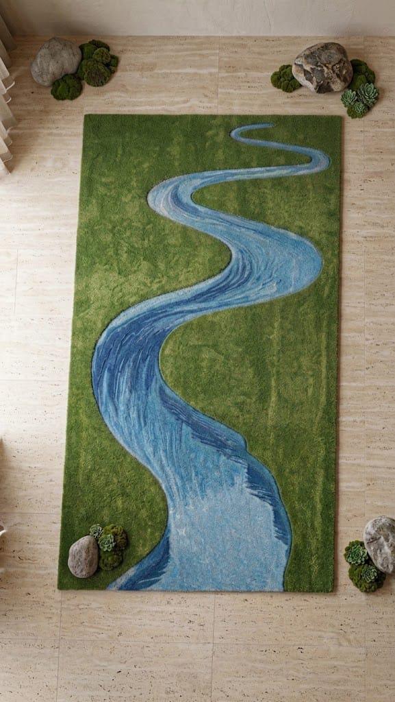 Hand Tufted Wool River Area Rug, Nature Landscape Carpet, Green Blue Living Room Decor – view 4