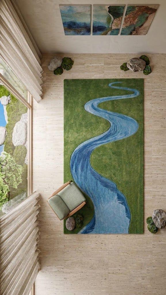 Hand Tufted Wool River Area Rug, Nature Landscape Carpet, Green Blue Living Room Decor – view 5