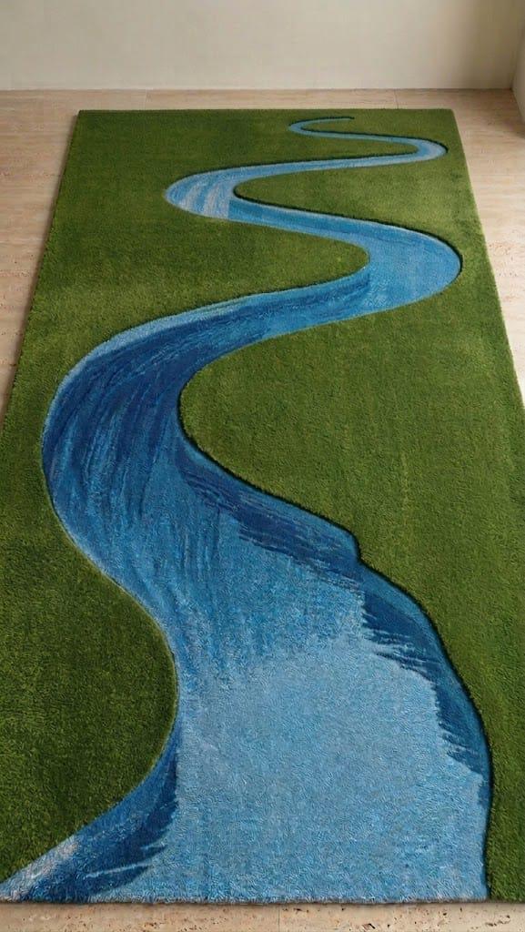 Hand Tufted Wool River Area Rug, Nature Landscape Carpet, Green Blue Living Room Decor – view 6