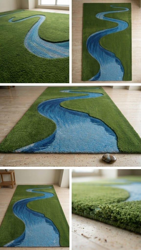 Hand Tufted Wool River Area Rug, Nature Landscape Carpet, Green Blue Living Room Decor – view 7