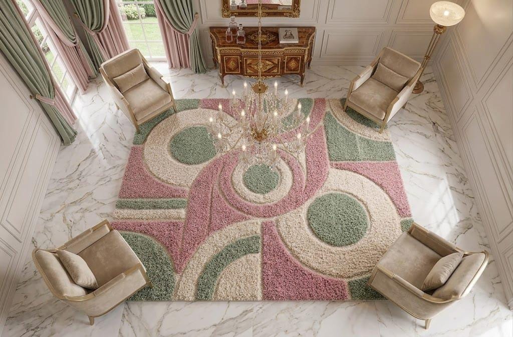 Hand-Tufted Wool Area Rug, Abstract Geometric Mat, Blush Pink Sage Green Carpet – main view