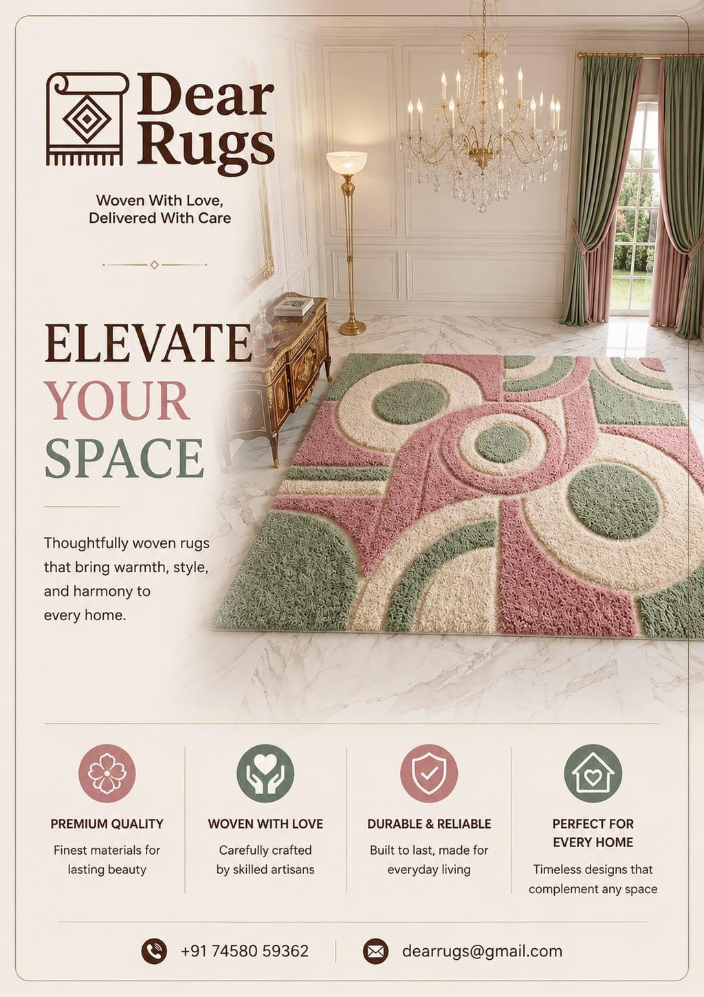 Hand-Tufted Wool Area Rug, Abstract Geometric Mat, Blush Pink Sage Green Carpet – view 2