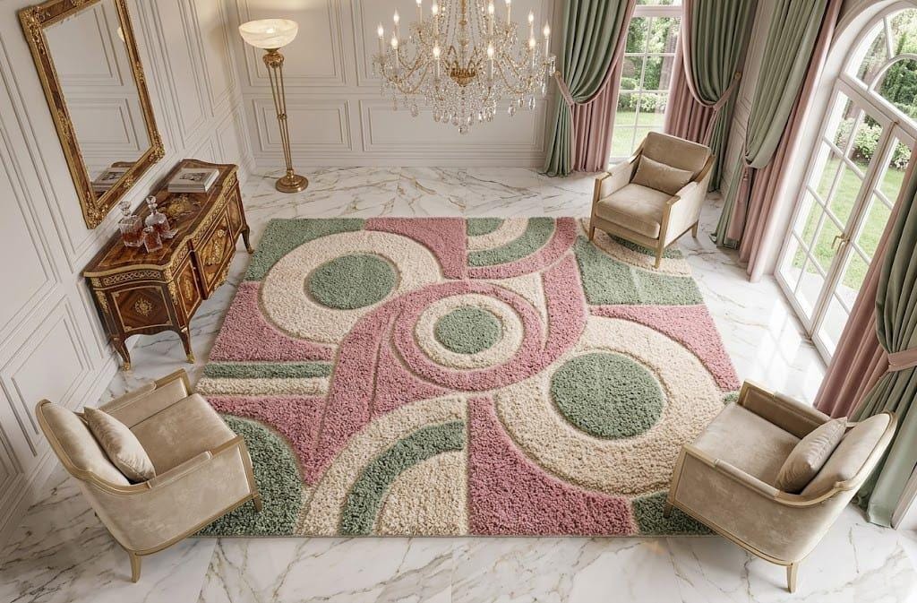 Hand-Tufted Wool Area Rug, Abstract Geometric Mat, Blush Pink Sage Green Carpet – view 3