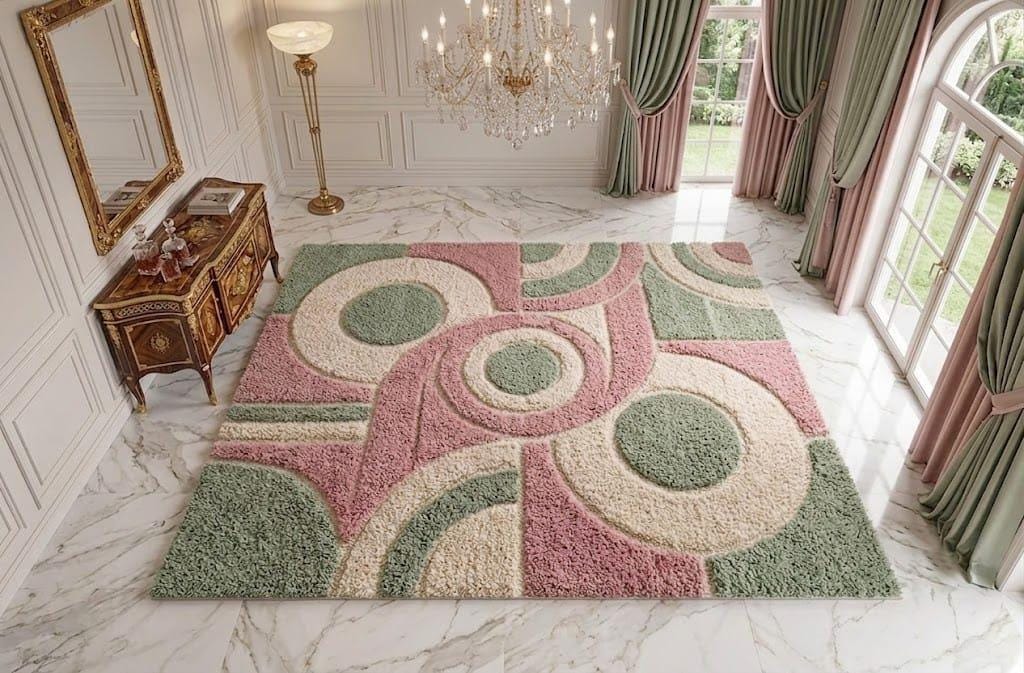 Hand-Tufted Wool Area Rug, Abstract Geometric Mat, Blush Pink Sage Green Carpet – view 4