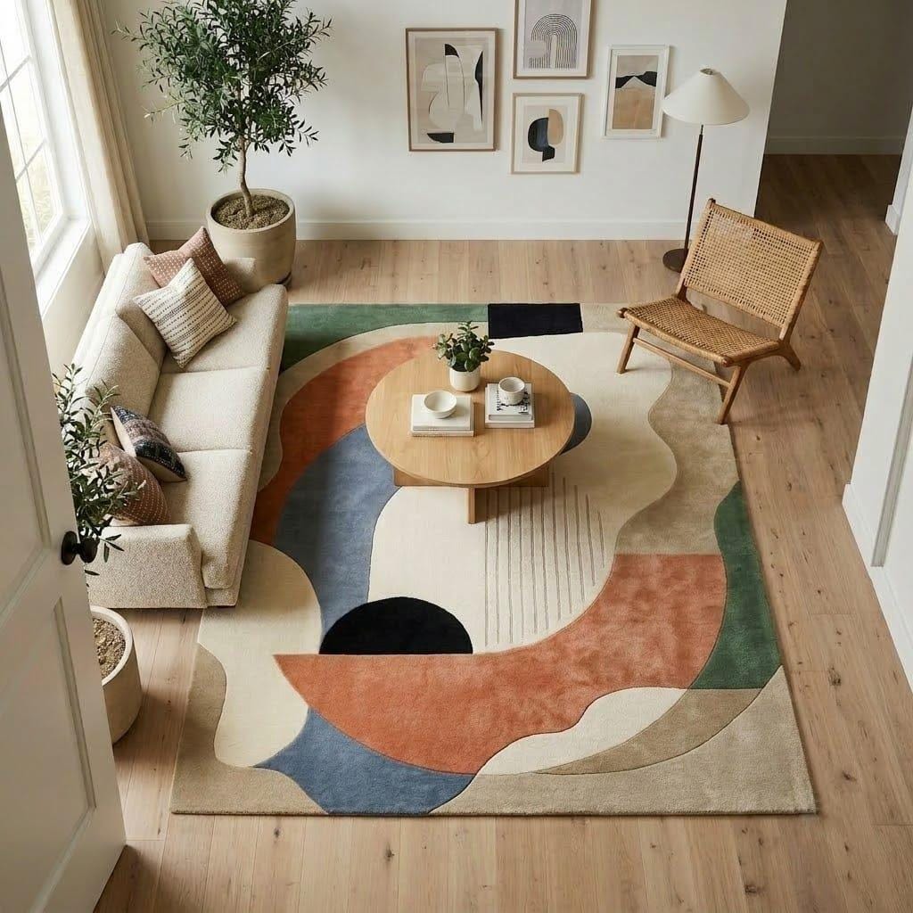 Abstract Geometric Hand-Tufted Wool Rug, Mid-Century Modern Scandinavian Area Mat – main view