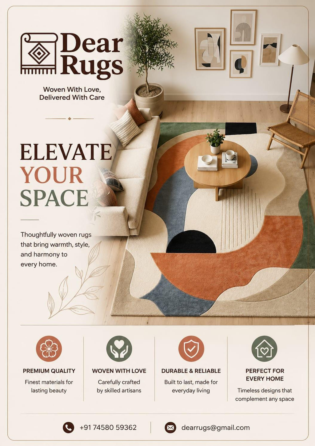 Abstract Geometric Hand-Tufted Wool Rug, Mid-Century Modern Scandinavian Area Mat – view 2