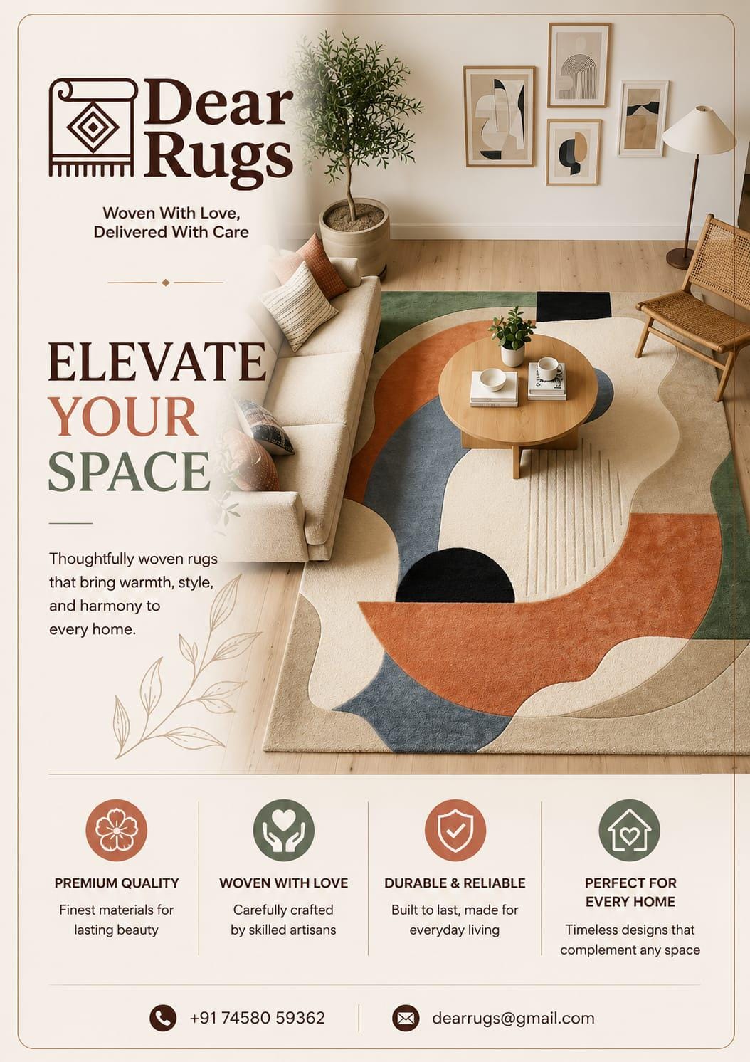 Abstract Geometric Hand-Tufted Wool Rug, Mid-Century Modern Scandinavian Area Mat – view 2