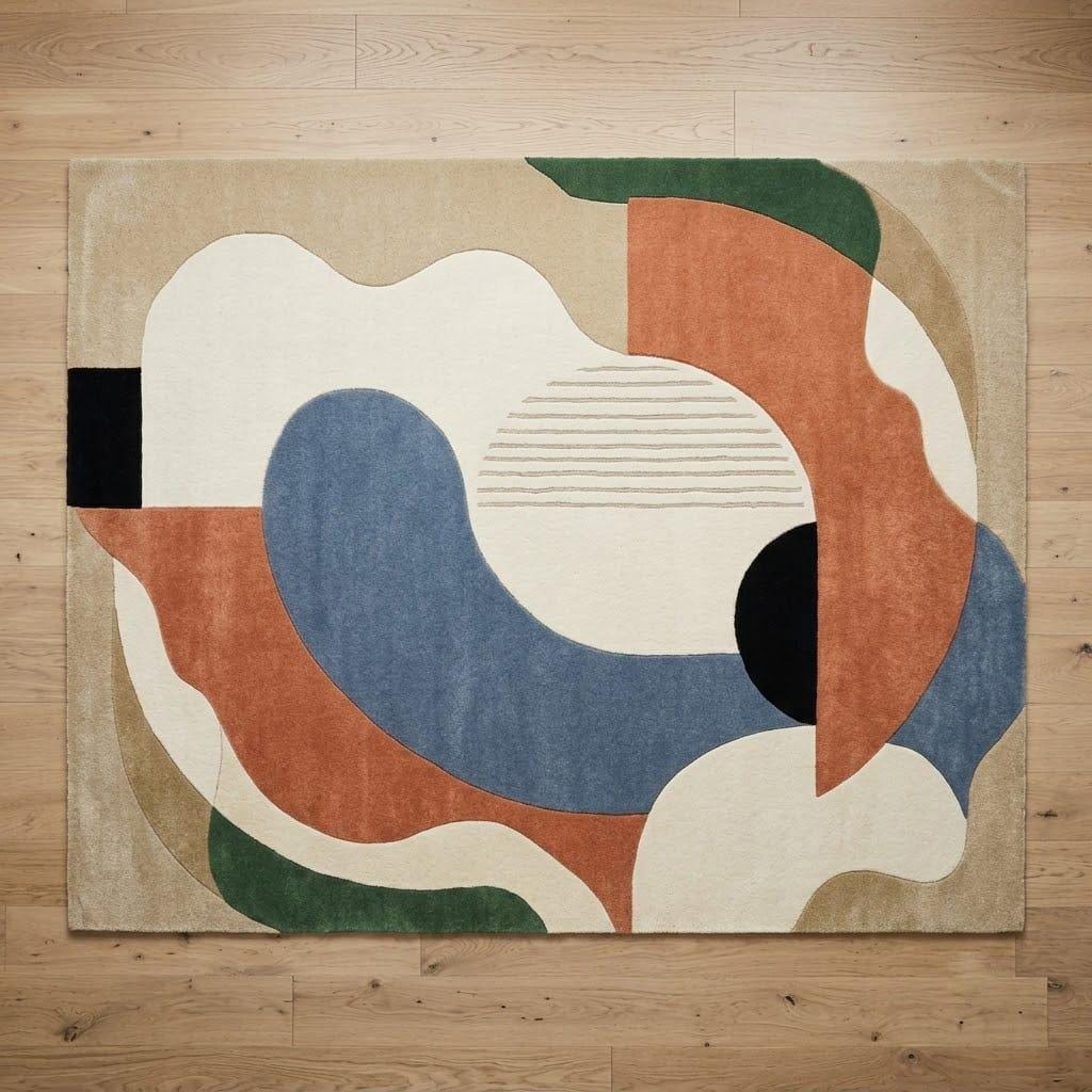 Abstract Geometric Hand-Tufted Wool Rug, Mid-Century Modern Scandinavian Area Mat – view 3