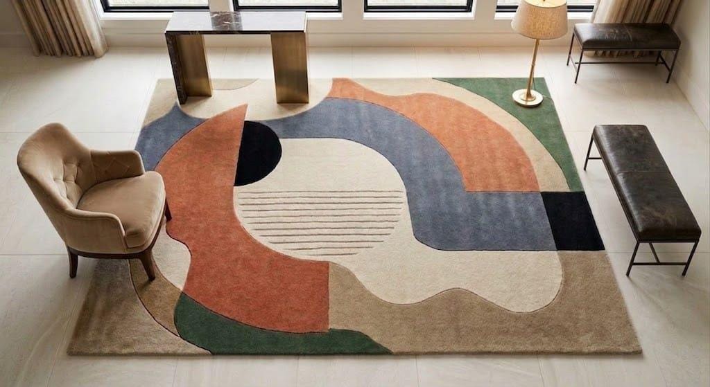 Abstract Geometric Hand-Tufted Wool Rug, Mid-Century Modern Scandinavian Area Mat – view 5