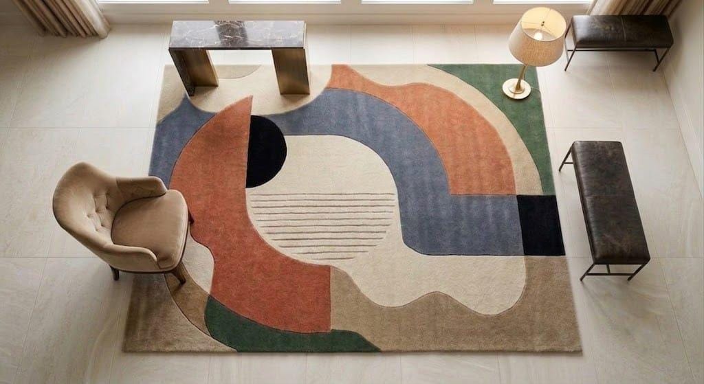Abstract Geometric Hand-Tufted Wool Rug, Mid-Century Modern Scandinavian Area Mat – view 6