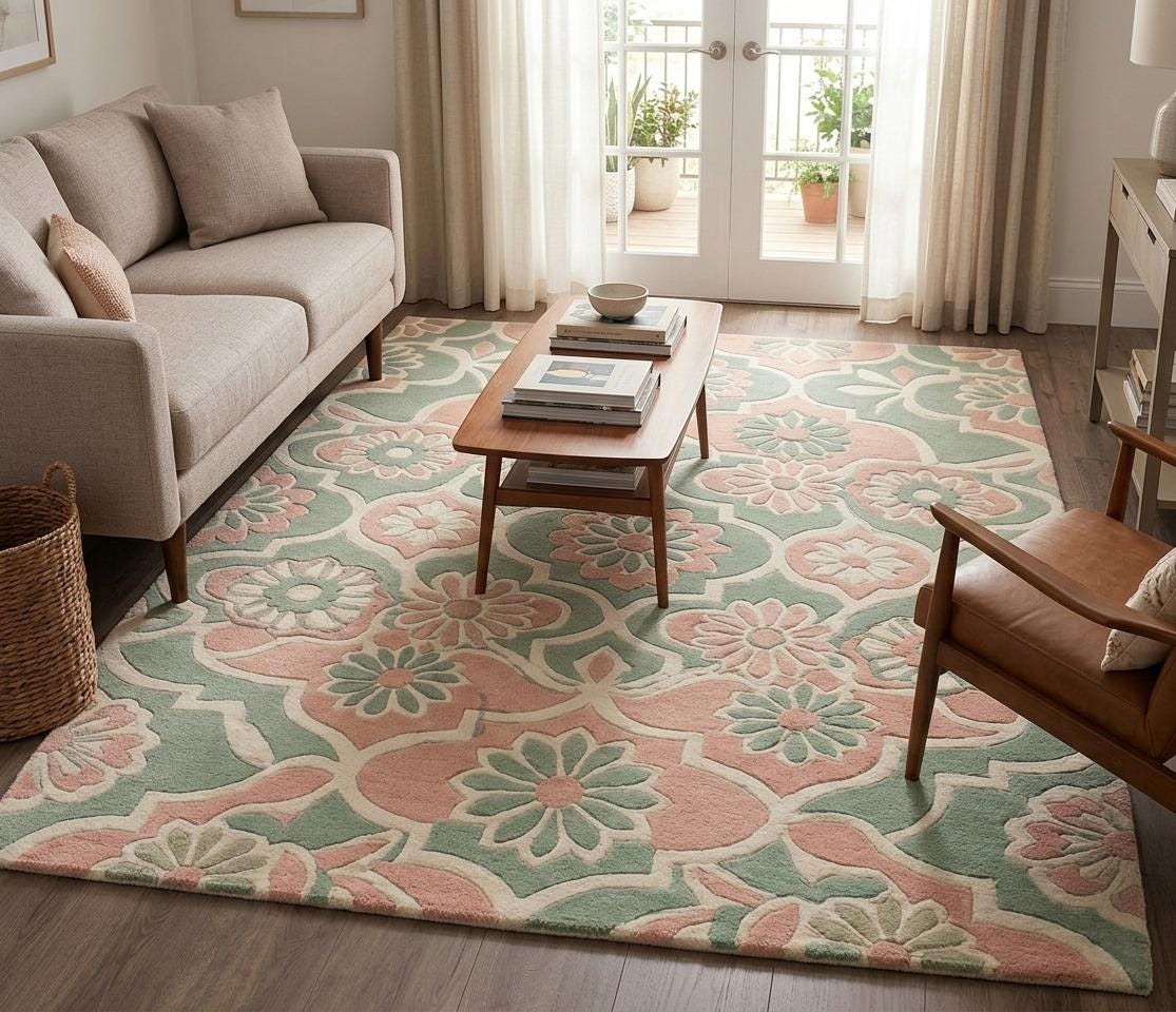 Hand-Tufted Wool Area Rug, Vintage Floral Medallion, Sage Green Pastel Carpet – main view