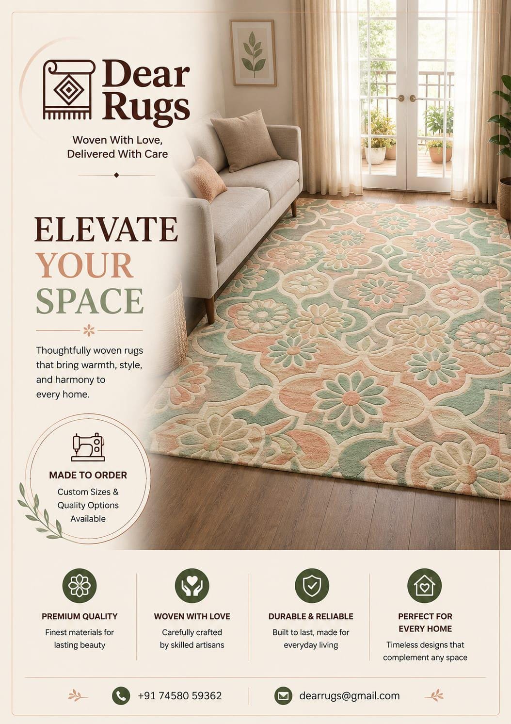 Hand-Tufted Wool Area Rug, Vintage Floral Medallion, Sage Green Pastel Carpet – view 2