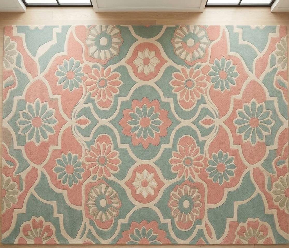 Hand-Tufted Wool Area Rug, Vintage Floral Medallion, Sage Green Pastel Carpet – view 3