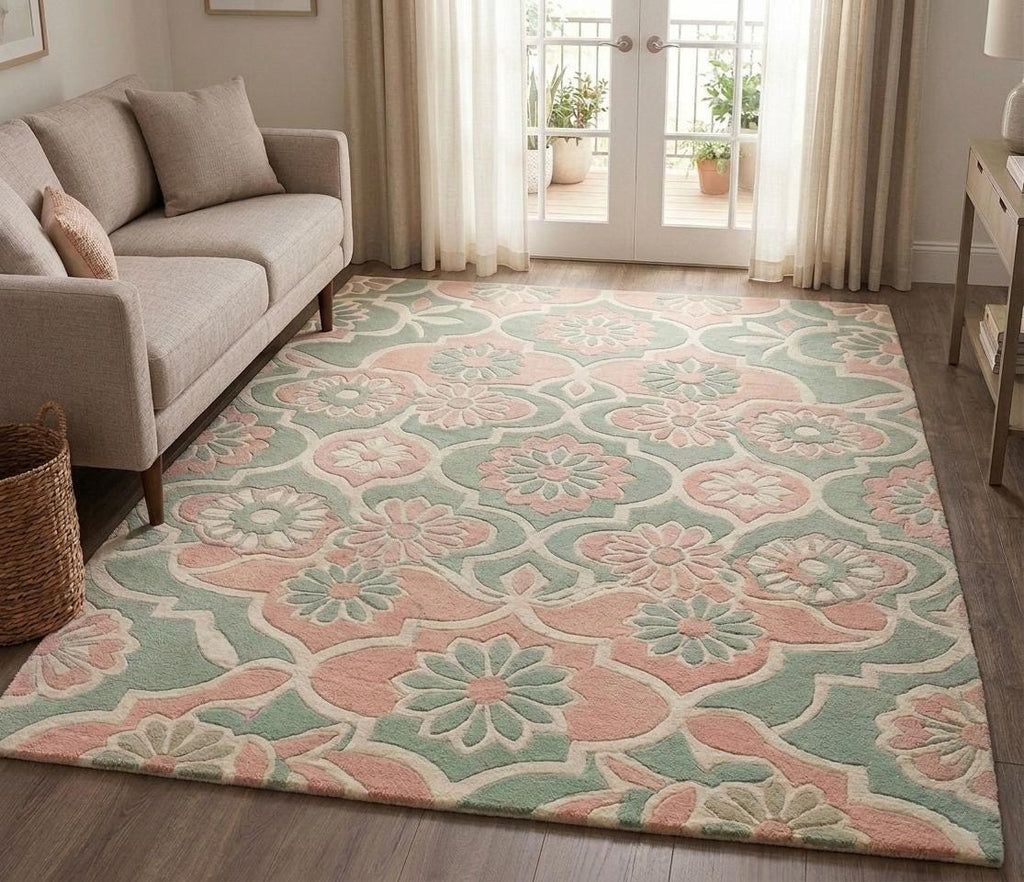 Hand-Tufted Wool Area Rug, Vintage Floral Medallion, Sage Green Pastel Carpet – view 4