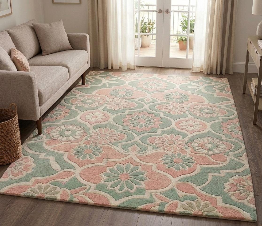 Hand-Tufted Wool Area Rug, Vintage Floral Medallion, Sage Green Pastel Carpet – view 4
