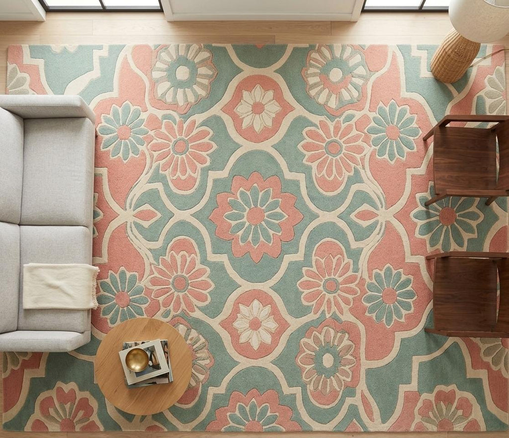 Hand-Tufted Wool Area Rug, Vintage Floral Medallion, Sage Green Pastel Carpet – view 5