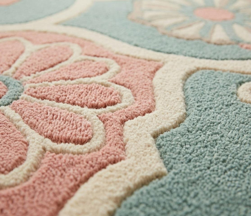 Hand-Tufted Wool Area Rug, Vintage Floral Medallion, Sage Green Pastel Carpet – view 6