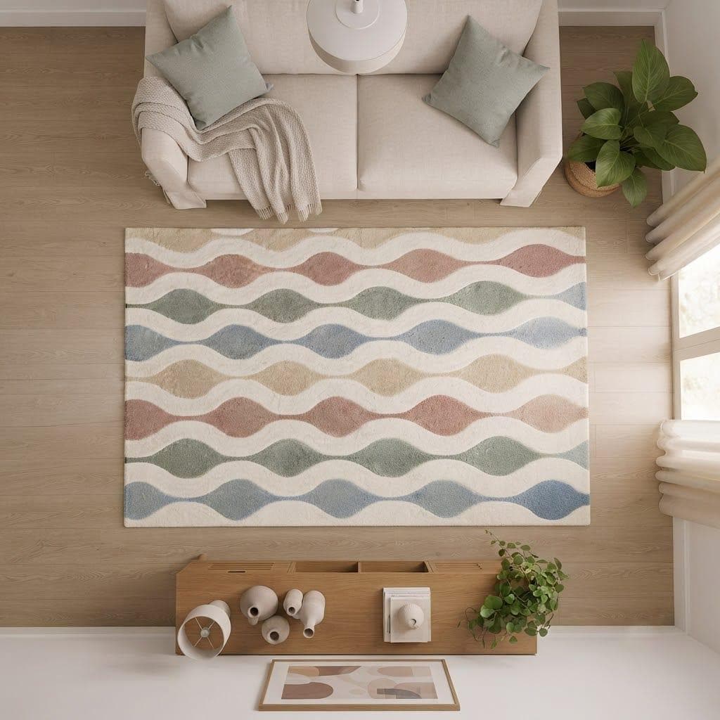 Hand-Tufted Wool Area Rug – Retro Wave Geometric Pattern, Mid-Century Modern Style – main view