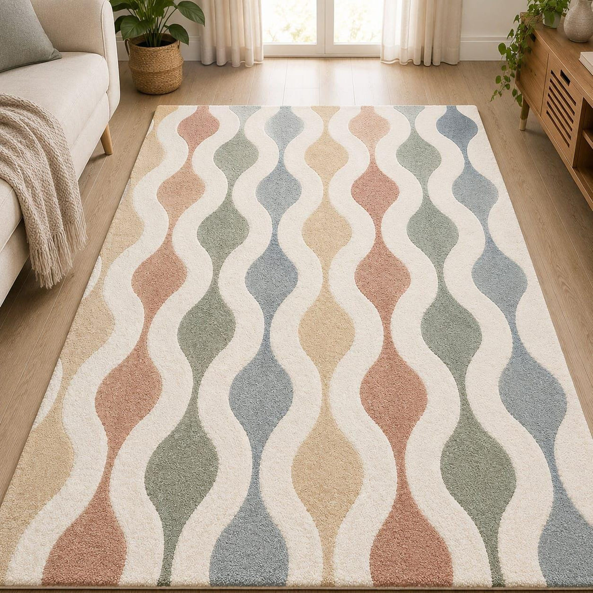 Hand-Tufted Wool Area Rug – Retro Wave Geometric Pattern, Mid-Century Modern Style – view 2
