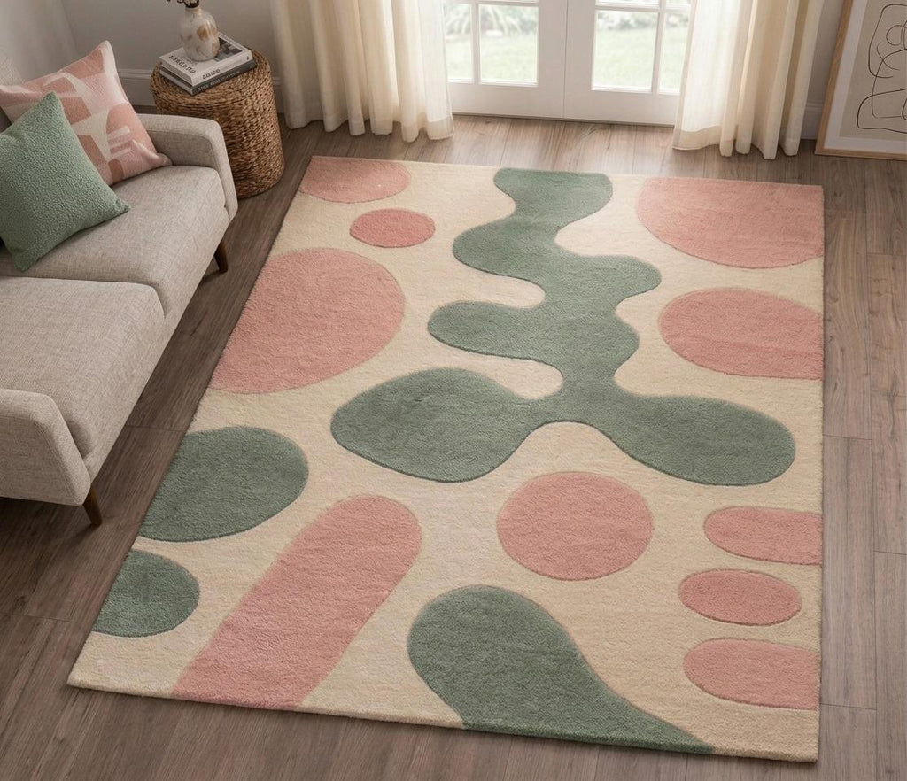Hand-Tufted Wool Rug, Abstract Amoeba Design, Sage Green Blush Pink Carpet – main view
