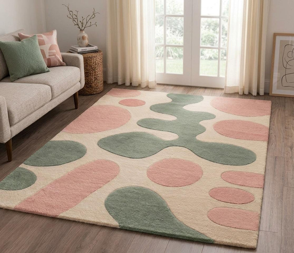 Hand-Tufted Wool Rug, Abstract Amoeba Design, Sage Green Blush Pink Carpet – view 2