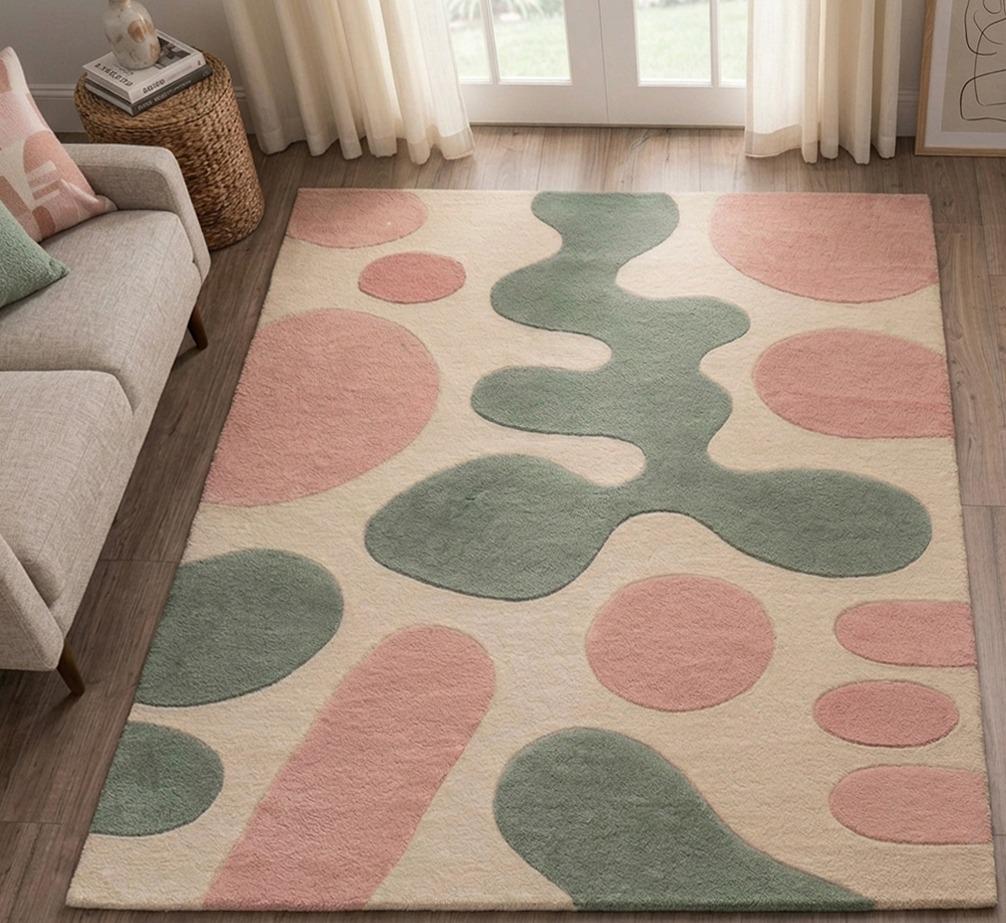 Hand-Tufted Wool Rug, Abstract Amoeba Design, Sage Green Blush Pink Carpet – view 3