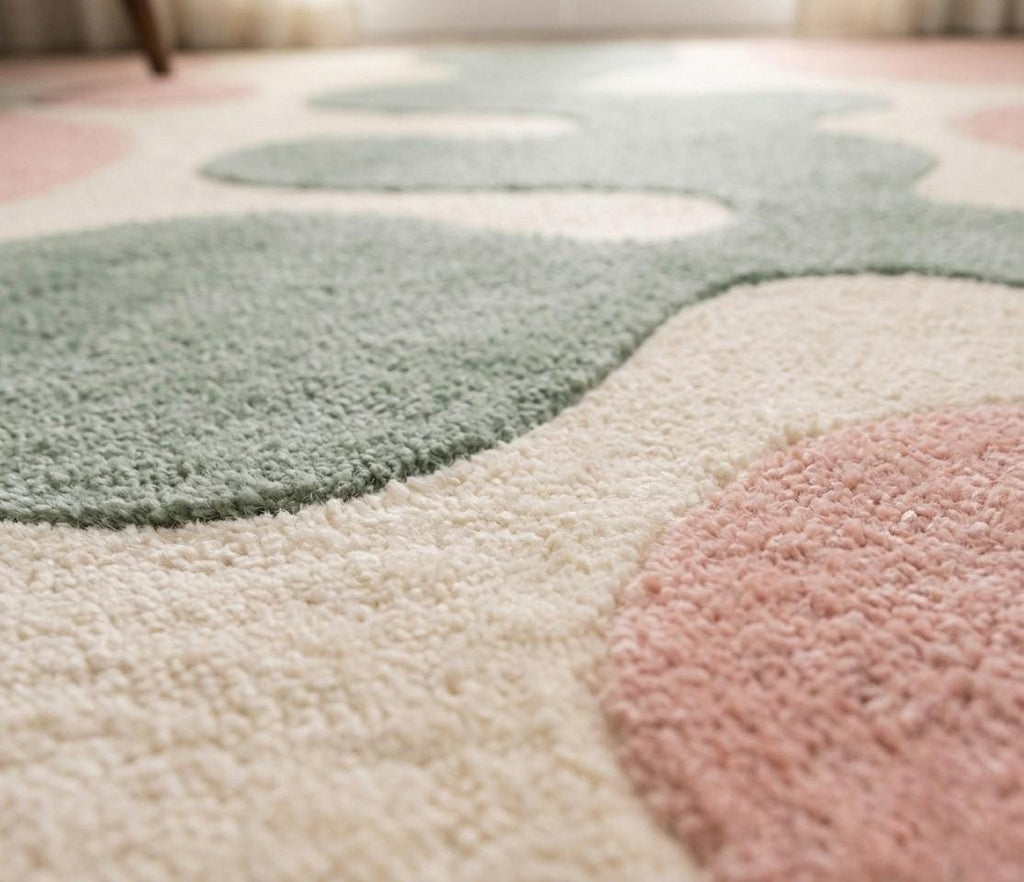 Hand-Tufted Wool Rug, Abstract Amoeba Design, Sage Green Blush Pink Carpet – view 4