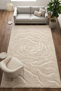 Hand-Tufted Wool Area Rug, Ivory Floral Rose Carved Texture, Neutral Beige Carpet – main view