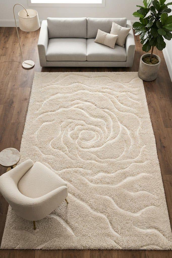 Hand-Tufted Wool Area Rug, Ivory Floral Rose Carved Texture, Neutral Beige Carpet – main view