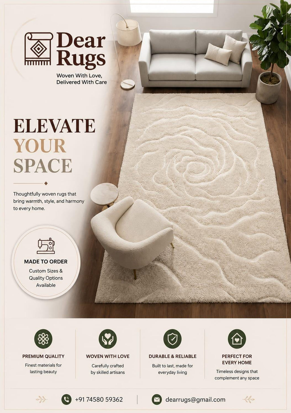 Hand-Tufted Wool Area Rug, Ivory Floral Rose Carved Texture, Neutral Beige Carpet – view 2