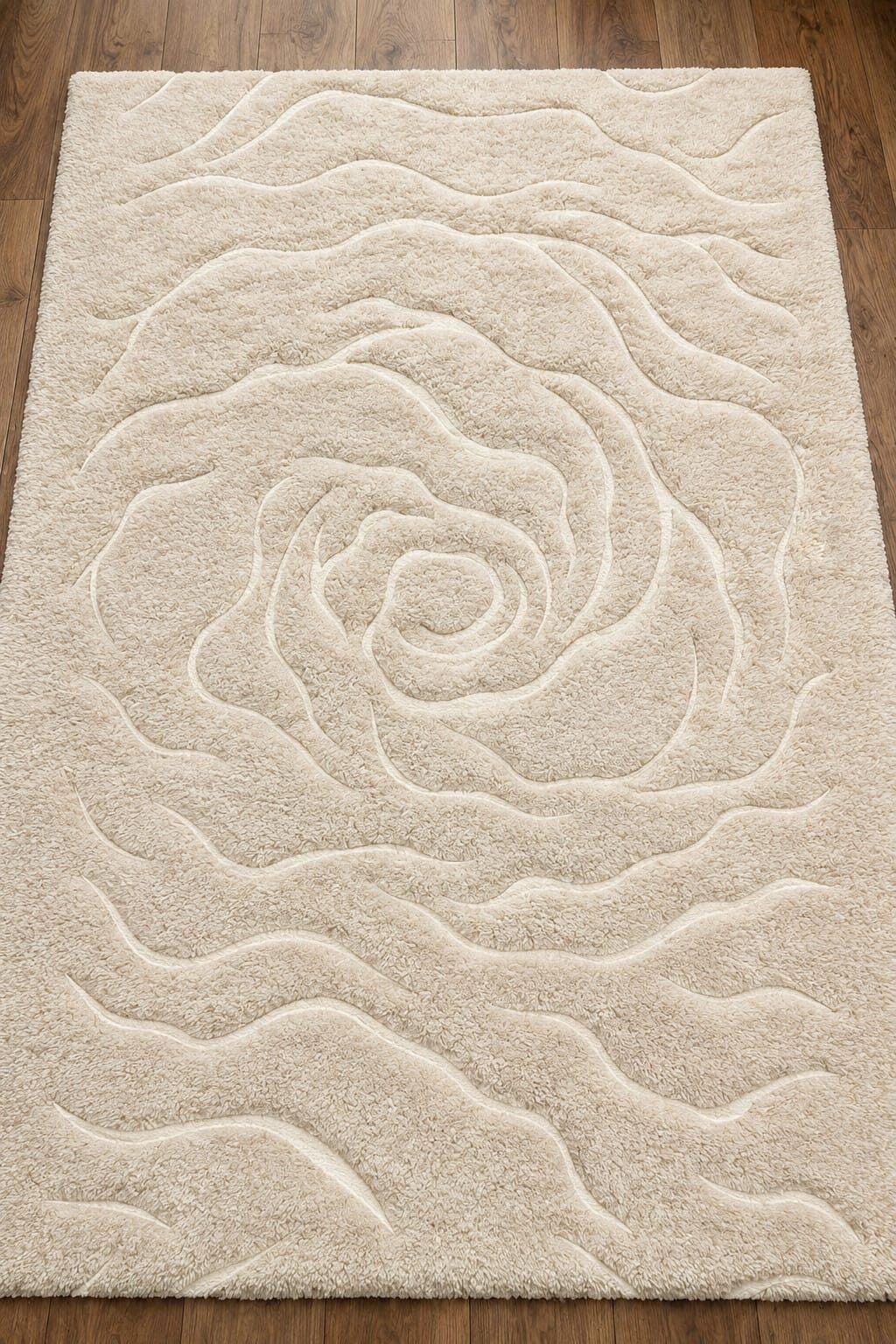 Hand-Tufted Wool Area Rug, Ivory Floral Rose Carved Texture, Neutral Beige Carpet – view 3