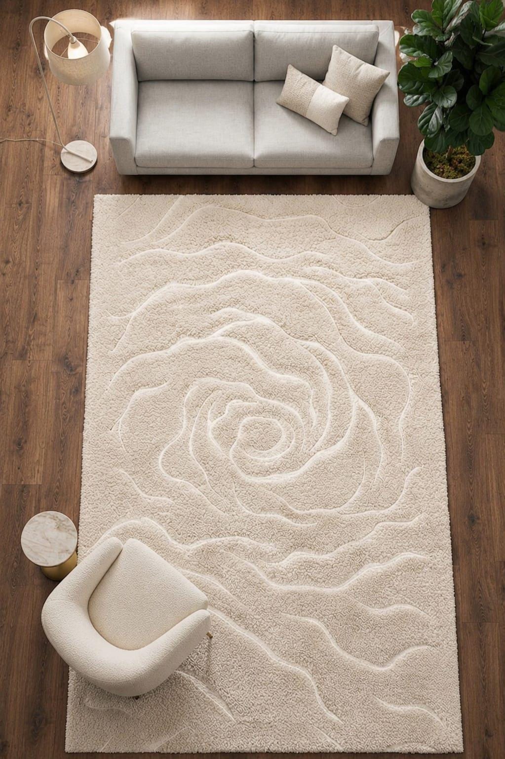 Hand-Tufted Wool Area Rug, Ivory Floral Rose Carved Texture, Neutral Beige Carpet – view 5