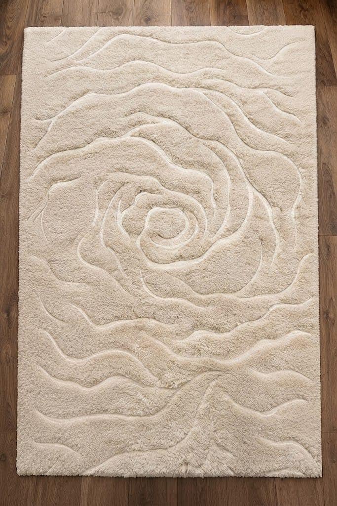 Hand-Tufted Wool Area Rug, Ivory Floral Rose Carved Texture, Neutral Beige Carpet – view 6