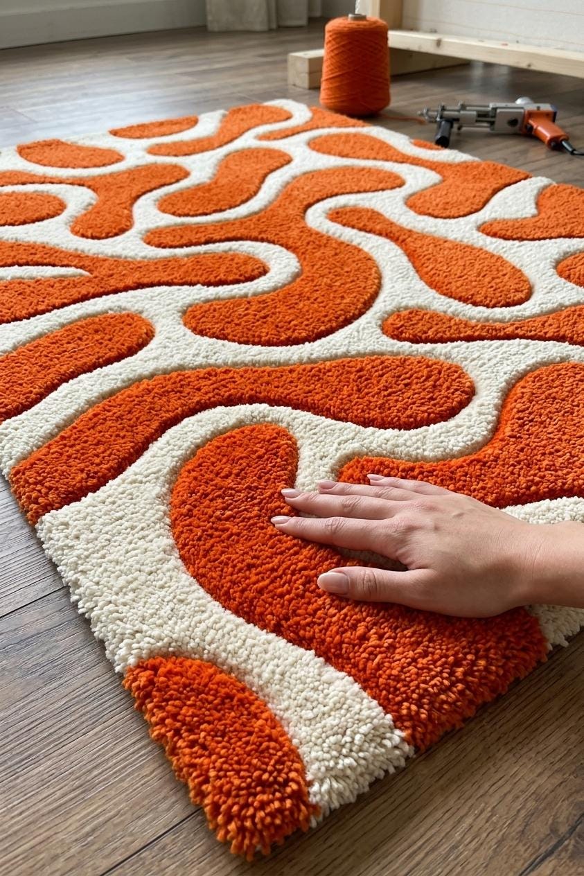 Hand Tufted Wool Area Rug, Burnt Orange Ivory Abstract Organic Pattern – main view