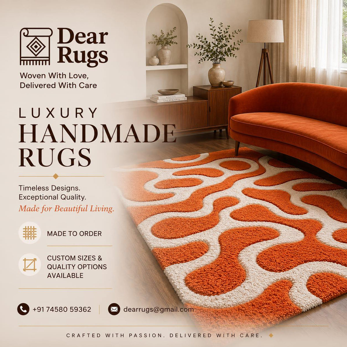 Hand Tufted Wool Area Rug, Burnt Orange Ivory Abstract Organic Pattern – view 2