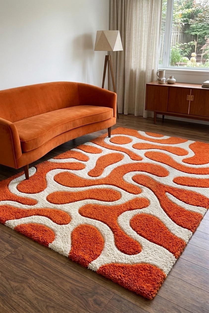 Hand Tufted Wool Area Rug, Burnt Orange Ivory Abstract Organic Pattern – view 3